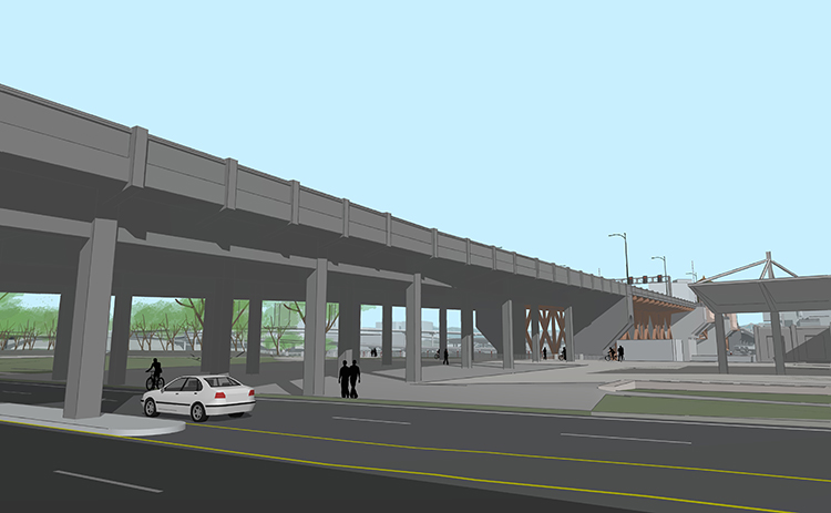 伯恩赛德大桥西侧精制梁结构的数位视图显示，与现有桥梁相比，滨水公园少了两排柱子，并且水平和垂直间隙更大。